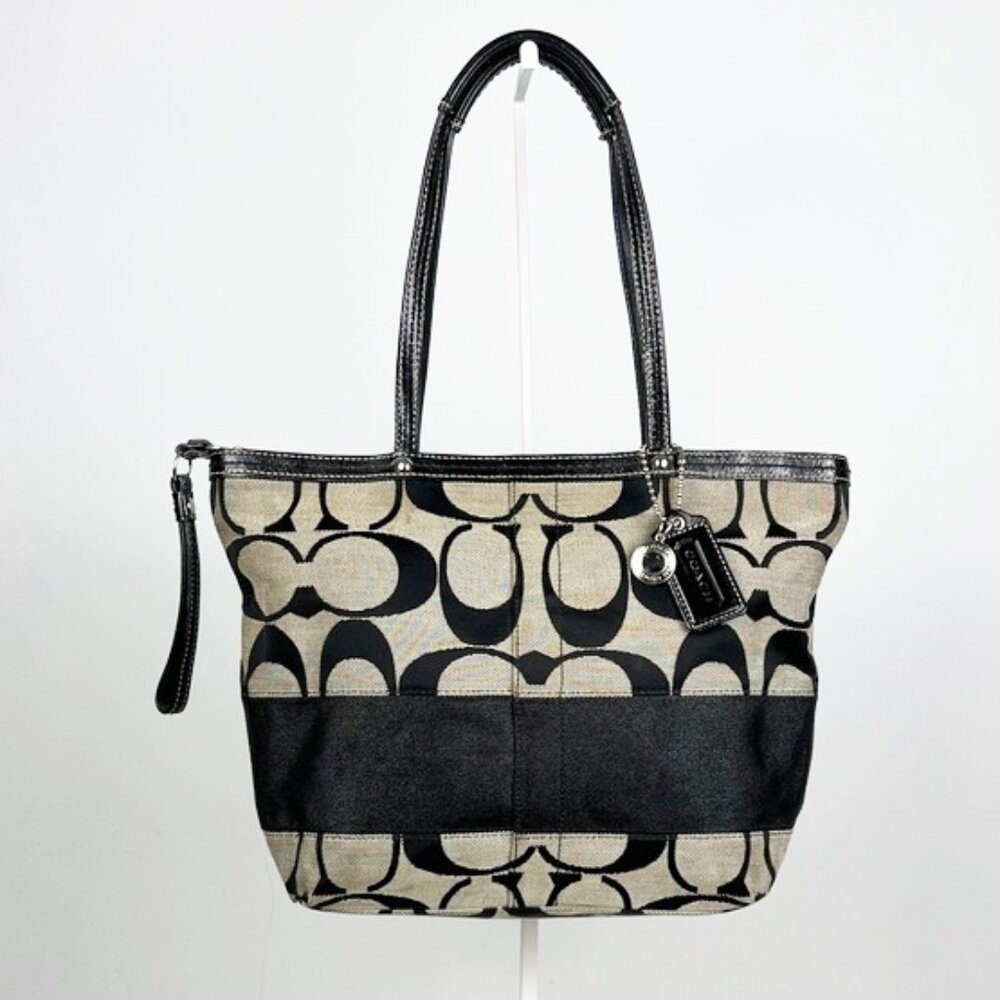 Coach Signature Monogram Stripe Patent Leather Tote Shoulder Bag F13548